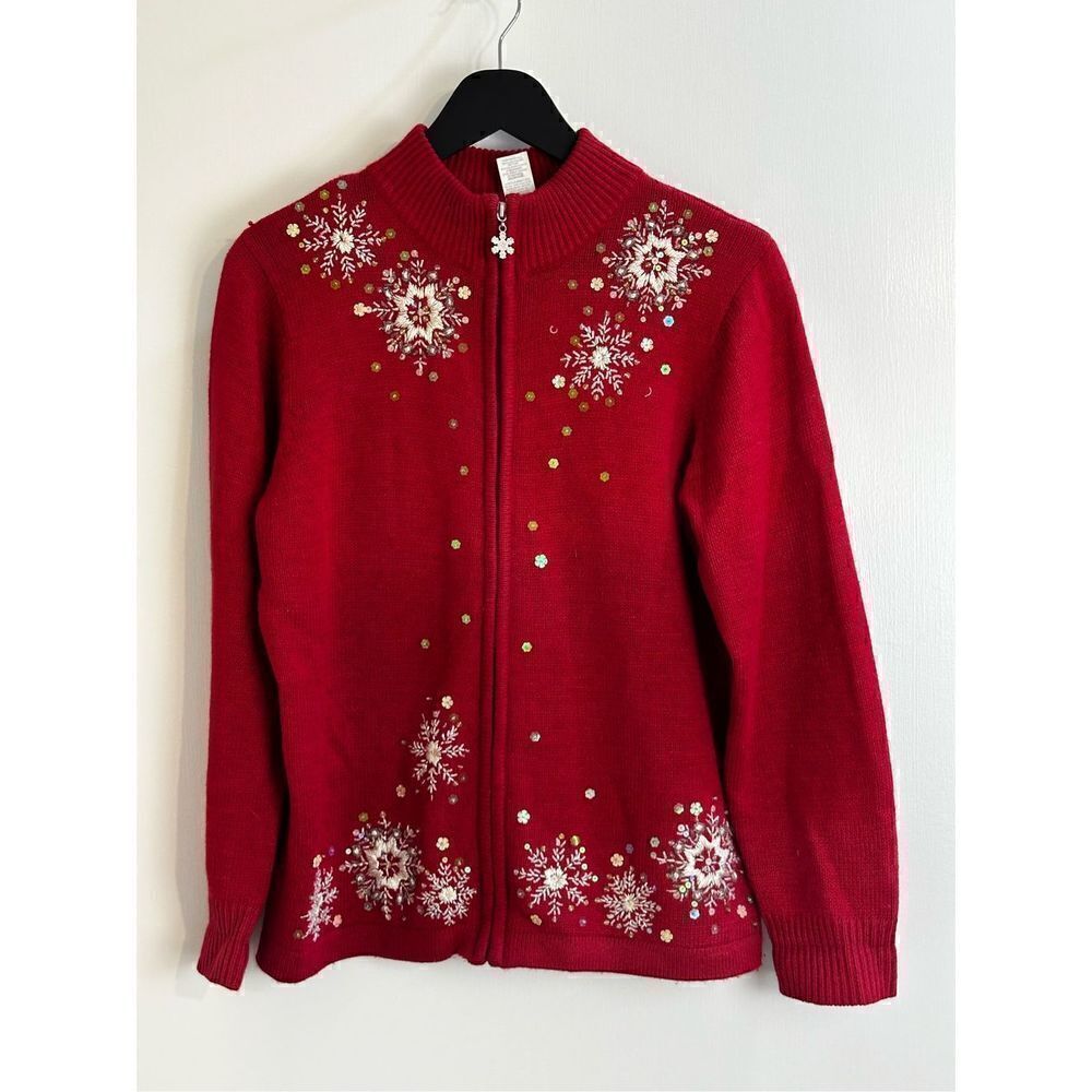 Red zip up sweater with snowflakes Size M